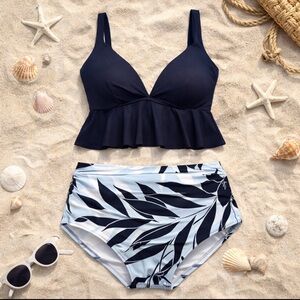 CUPSHE Yaritza Ruffled Navy Blue Tankini; High-Waist Floral Bottom, Size 2X; NWT